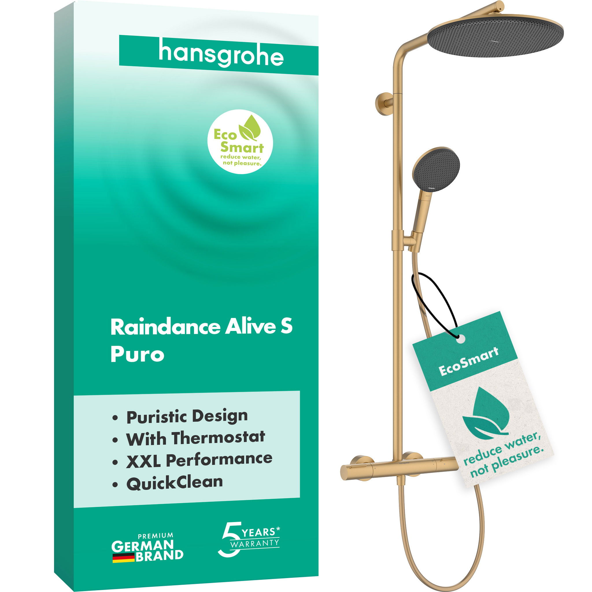 Душевая система hansgrohe Raindance Alive S Puro 300 1jet EcoSmart 24593140, с термостатом Ecostat Element, бронза - изображение